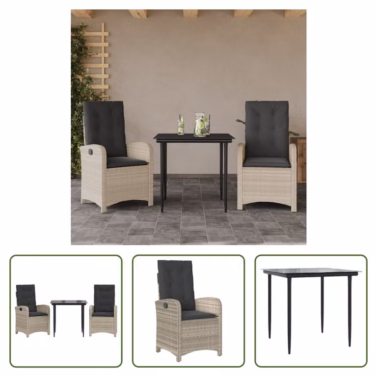 The Living Store Set da pranzo da giardino 3 pezzi con cuscini in rattan grigio chiaro