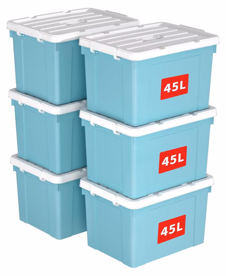 Contenitori di stoccaggio da 45 litri, confezione da 6, con coperchio, per abbigliamento