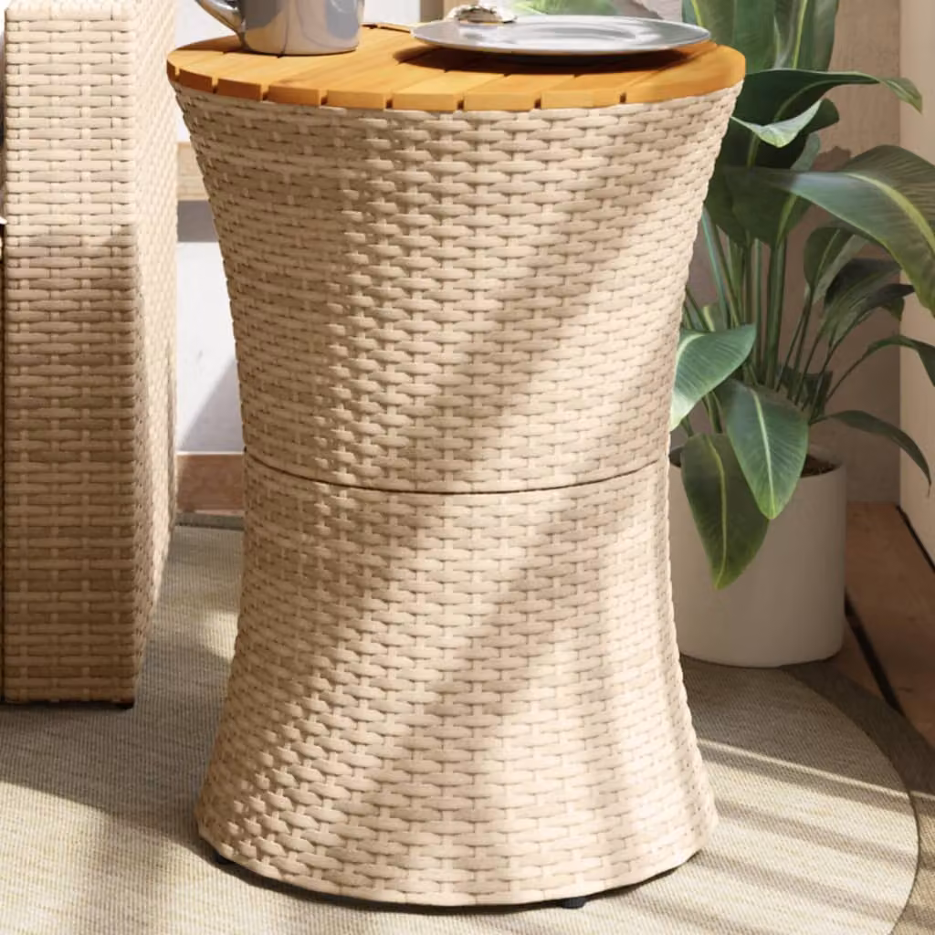 Tavolino da giardino moderno vidaXL in polyrattan beige e legno di acacia oliato, forma a tamburo rotondo