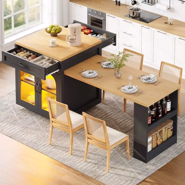 Isola Cucina Allungabile con LED ¨C Xylo ¨C MDF, Cassetti, Ante in Vetro, Credenza Moderna