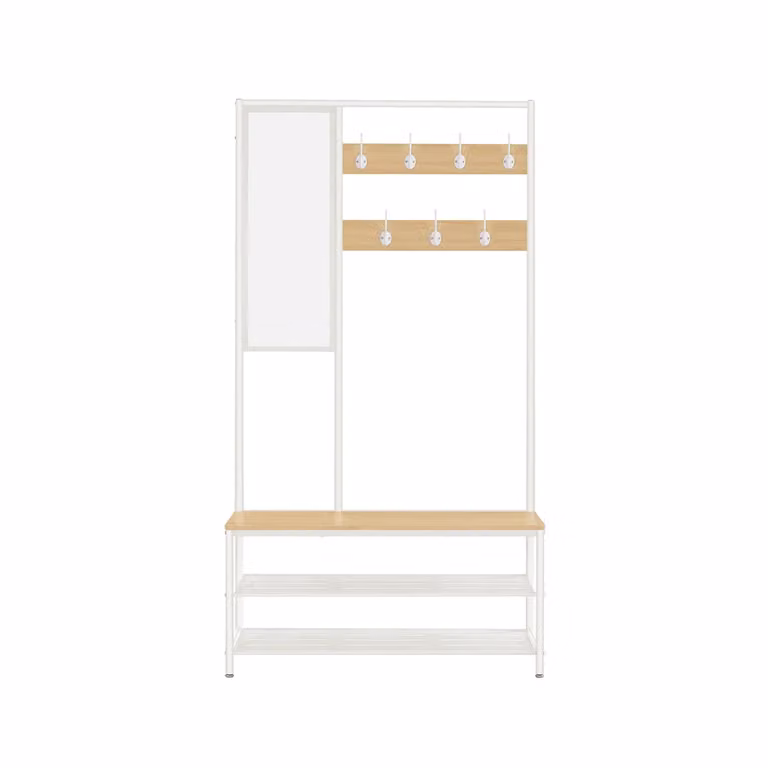Appendiabiti con Scarpiera, Mobile Ingresso con Ganci, Specchio, Panca e Ripiani, 35 x 98 x 180 cm, Rovere + Bianco