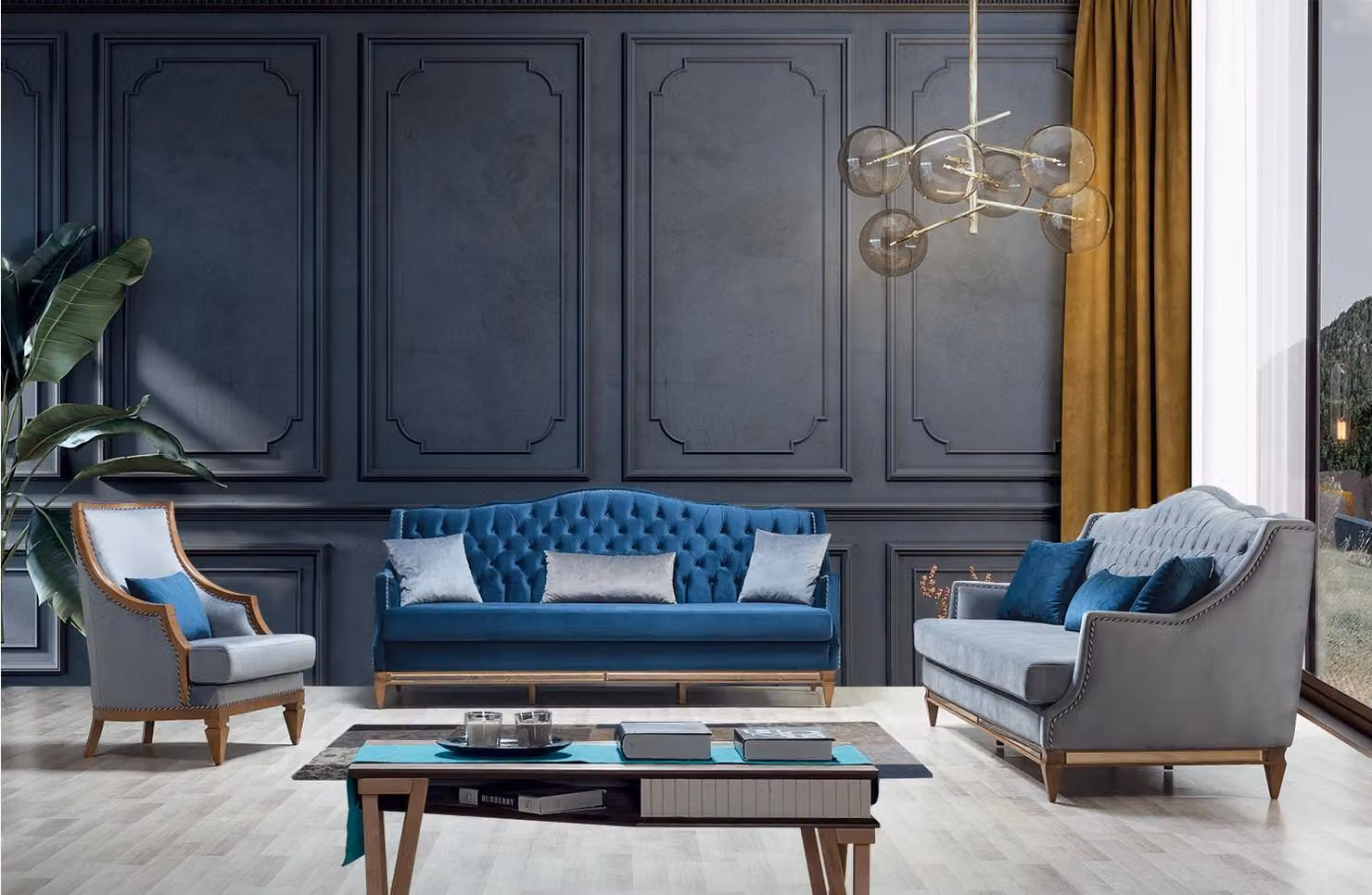 Moderne Blaue Chesterfield Sofagarnitur Designer Dreisitzer Luxus Sessel
