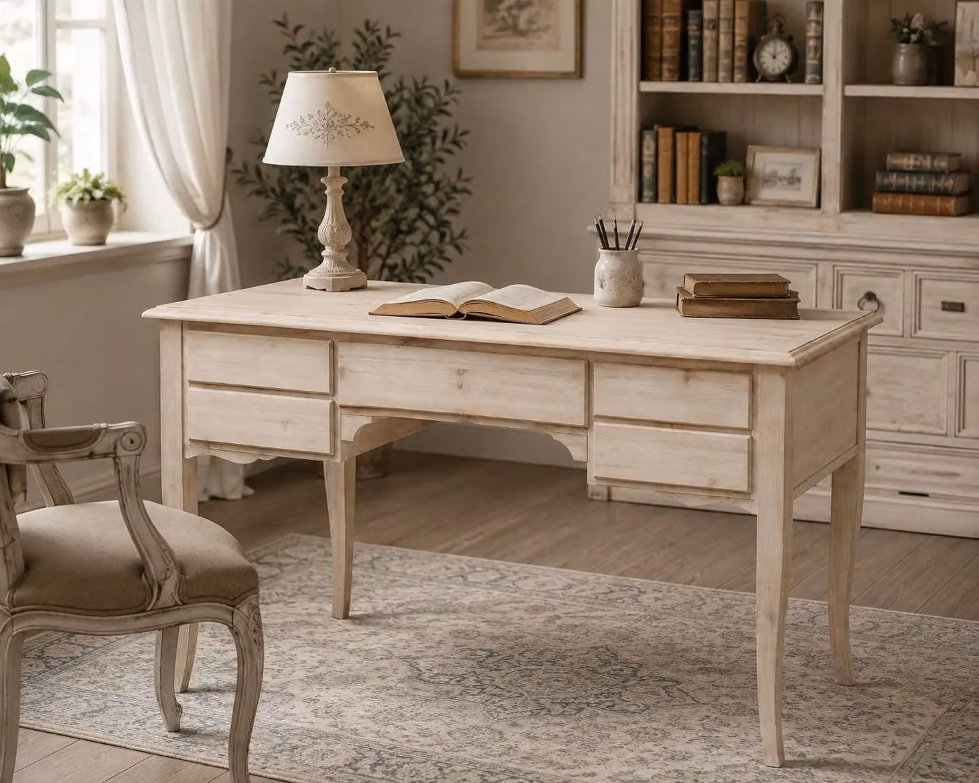 Scrivania classica con 5 cassetti in legno massello grezzo Mobili 2G L: 135 cm, P: 65 cm, H: 81 cm – 2