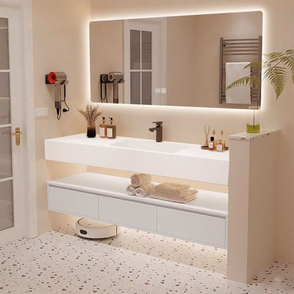 Set di mobili da bagno sospesi con lavabo in pietra sinterizzata, specchio a LED con funzione antiappannamento e cassetto 110×55 cm【YTC913-110】