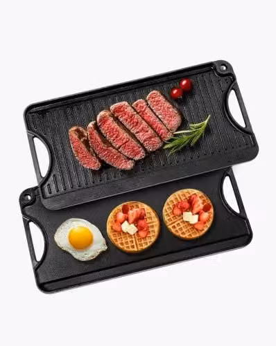 Piastra per cucina reversibile Vevor in ghisa nera, padella rettangolare portatile con manico, L: 49,2 cm, P: 21,8 cm