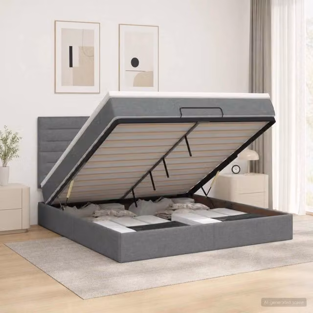 Letto ottomano con contenitore a sollevamento vidaXL in tessuto grigio L: 140 cm, P: 190 cm, H: 144 cm