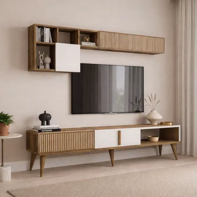 Parete Attrezzata Moderno DMORA per Soggiorno con Lowboard e Pensile, Marrone, Finitura Opaca – 1