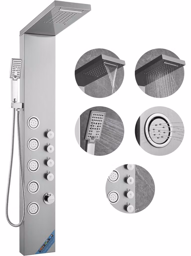 Pannello doccia 4-in-1, con soffione a pioggia e a cascata, 5 getti massaggio, acciaio inossidabile