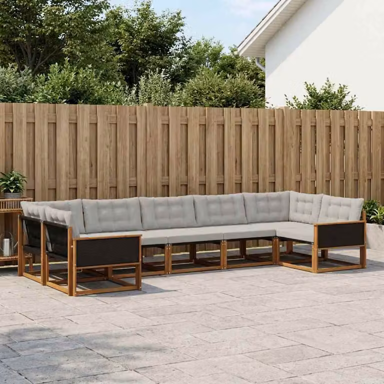 Set di divani da esterno vidaXL a forma di L composto da 7 pezzi in legno di acacia e tessuto textilene, colore beige e grigio
