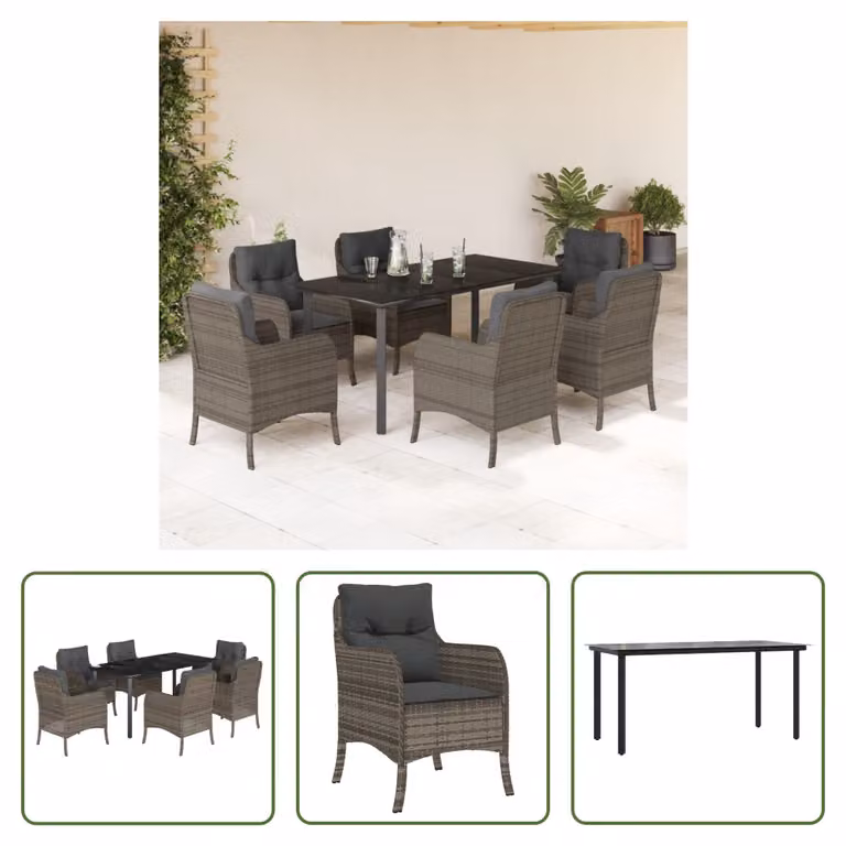 The Living Store Set da pranzo da giardino 7 pezzi con cuscini in poly rattan grigio