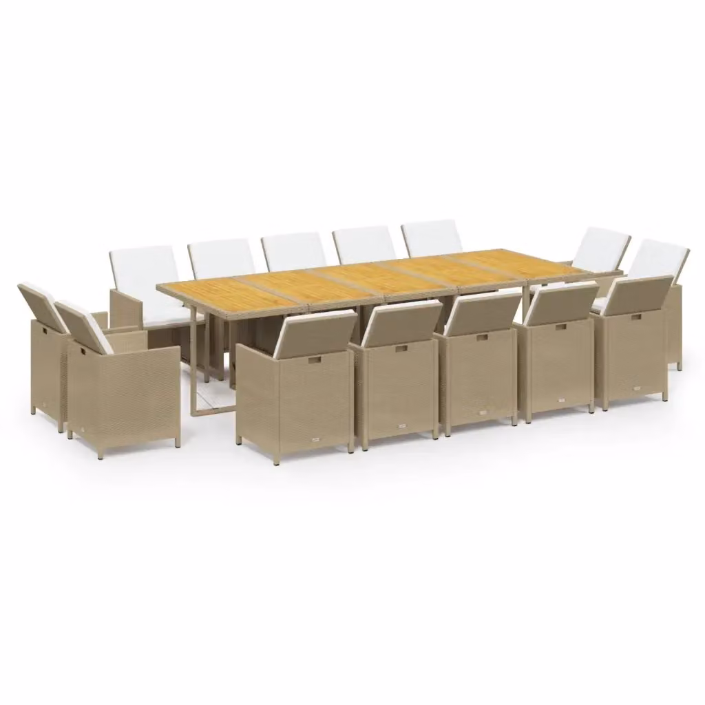 Set da pranzo da giardino vidaXL in polyrattan e legno di acacia con cuscini, 15 pezzi, beige e bianco – 2