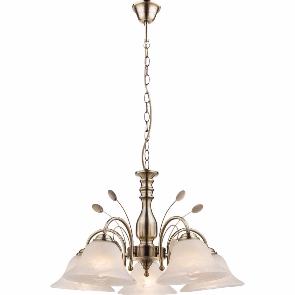 Globo Lighting lampadario metallo ottone antico, vetro, bianco, cavo PVC champagne, ø: 600mm, H: 1000mm, escl. 5x E27 60W 230V