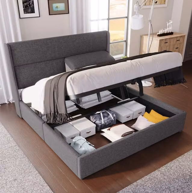 Letto matrimoniale contenitore ULEVR 160x200 cm con testiera regolabile e rete a doghe in metallo, grigio