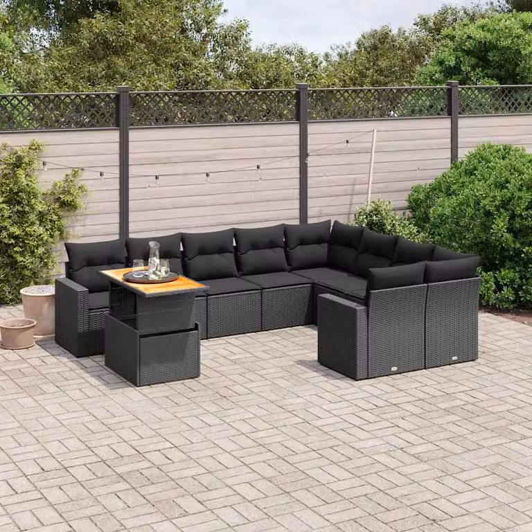 Set di divani da giardino vidaXL a forma di L in polyrattan nero con cuscini e tavolino da esterno