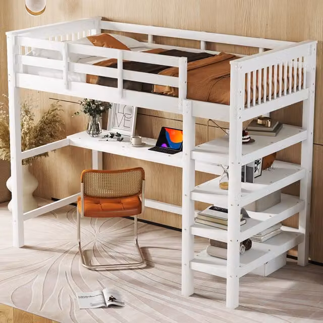 Letto a soppalco per bambini 90 × 200 cm con scrivania e ripiani, senza materasso, in pino e MDF, bianco