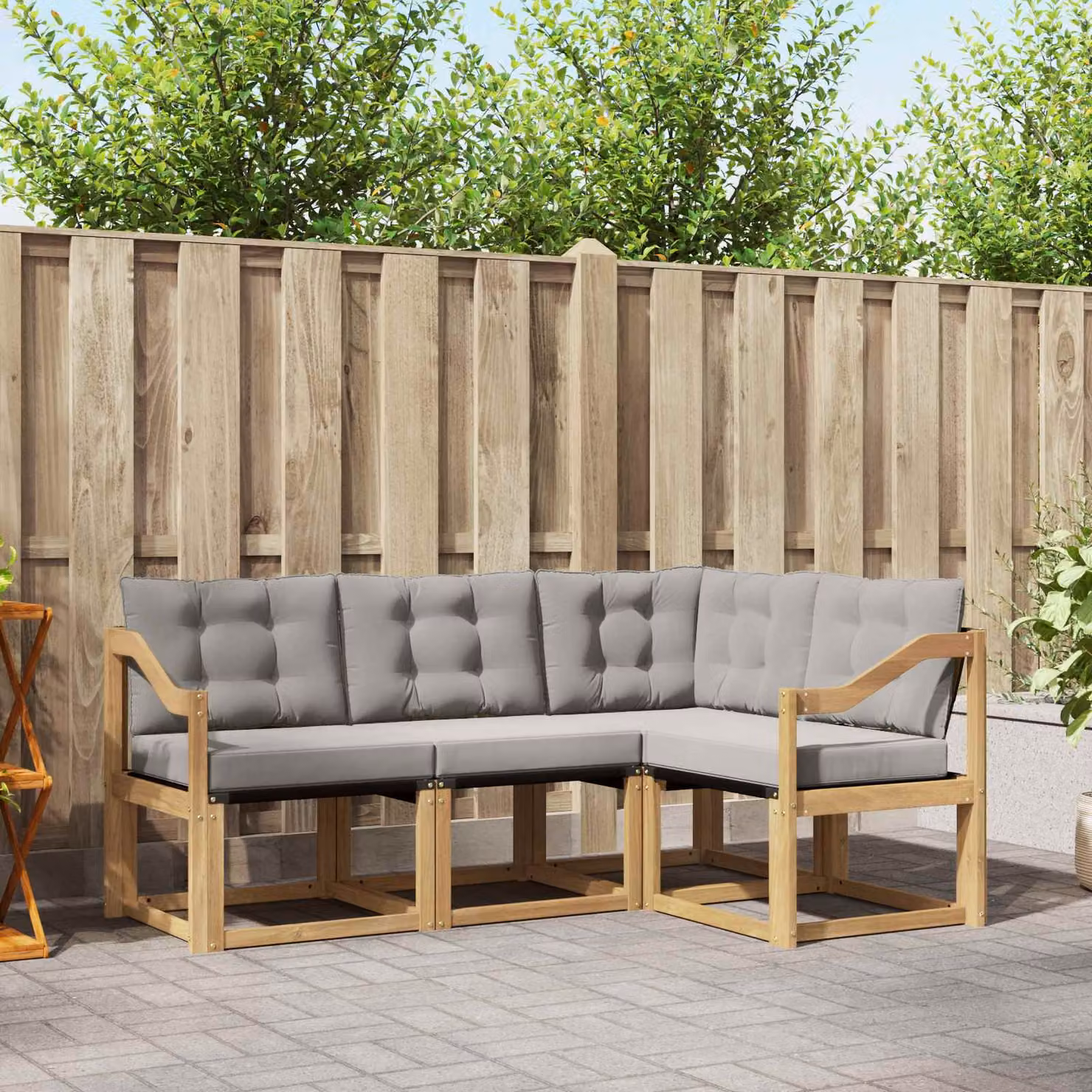 Set di divani da esterno vidaXL a forma di L in legno di acacia con sedute in textilene, colore bianco e grigio