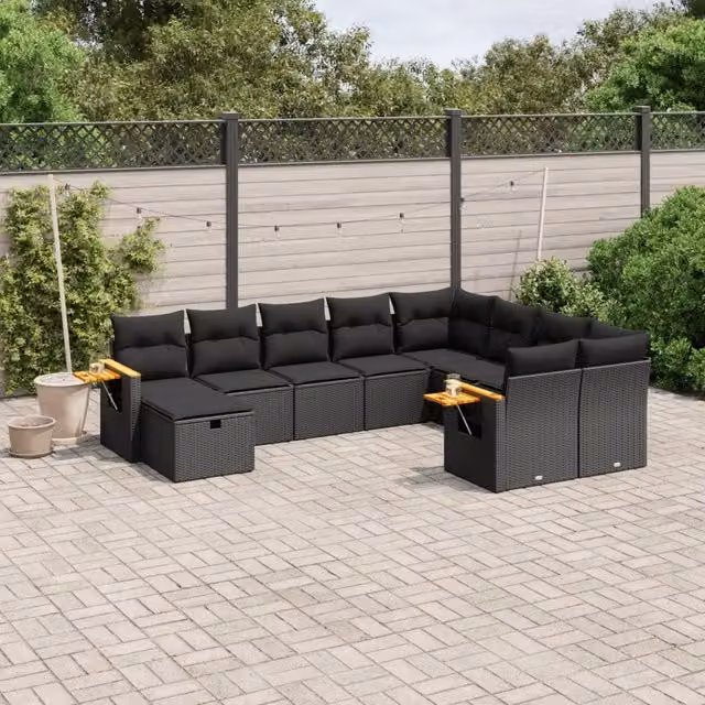 Set Divani da Giardino 10pz con Cuscini in Polyrattan Nero 3227154