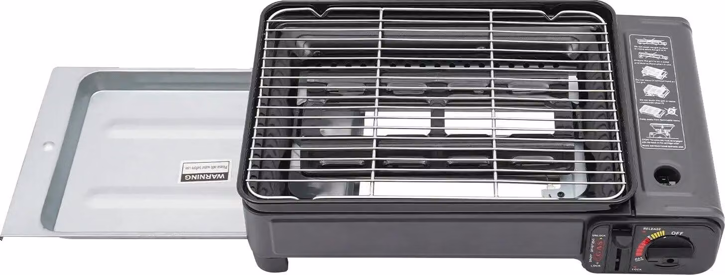 Barbecue a gas, portatile, con controllo della fiamma regolabile, nero