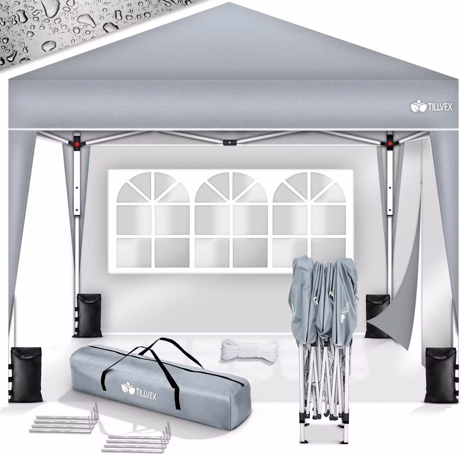 gazebo tillvex 3x3m grigio impermeabile con 2 pannelli laterali + set di 4 sacchi di sabbia | gazebo pop-up pieghevole stabile e regolabile in altezza | tenda da giardino protezione UV 50+ | tenda da festa con borsa per giardino