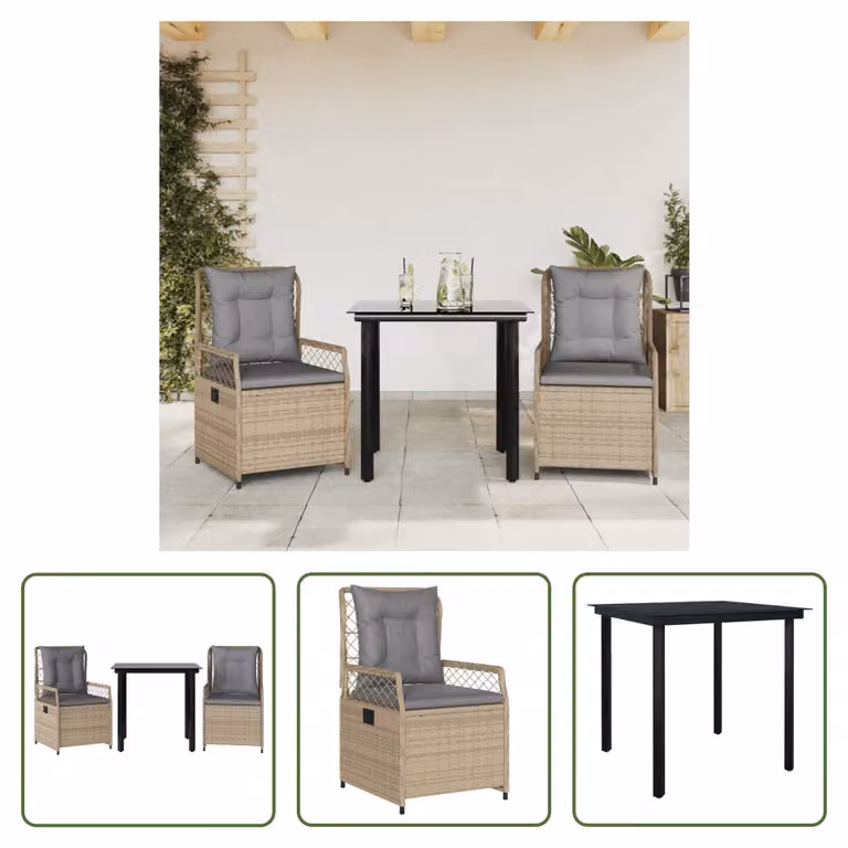 The Living Store Set da pranzo da giardino 3 pezzi con cuscini Beige poly rattan