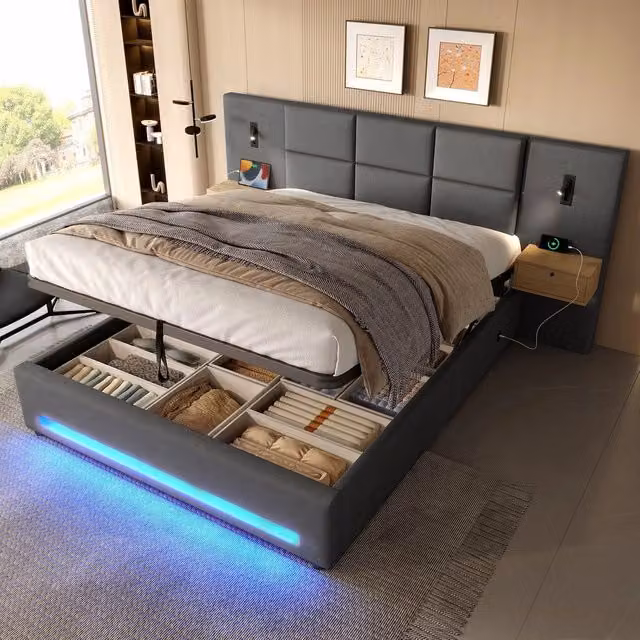 Letto imbottito contenitore ¨C Minimal ¨C 180x200cm velluto grigio metallo cassetti LED idraulico