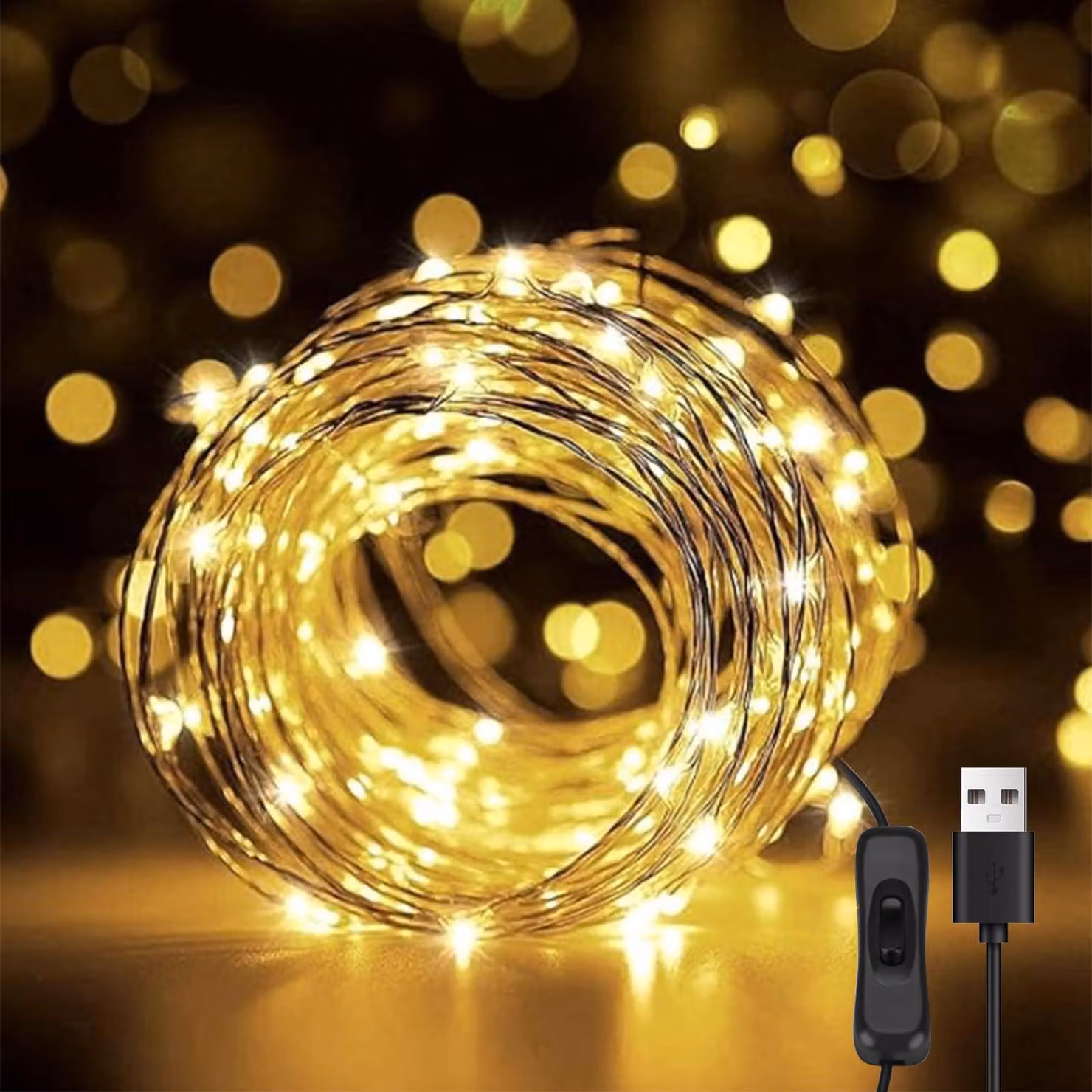 Catena luminosa a LED da 12 metri, con 120 LED bianco caldo, grado di protezione IP65, filo argentato, alimentazione USB