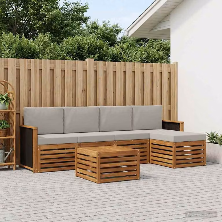 Set di divani da esterno vidaXL a forma di L composto da 6 pezzi in legno di acacia con cuscini in tessuto beige e grigio