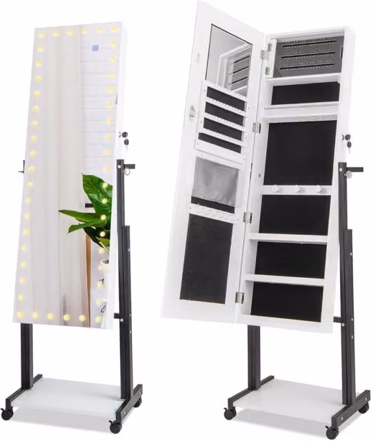 Armadietto portagioie Design Mania con specchio a tutta altezza e illuminazione LED dimmerabile, Bianco, H: 175 cm, L: 46 cm, P: 17 cm