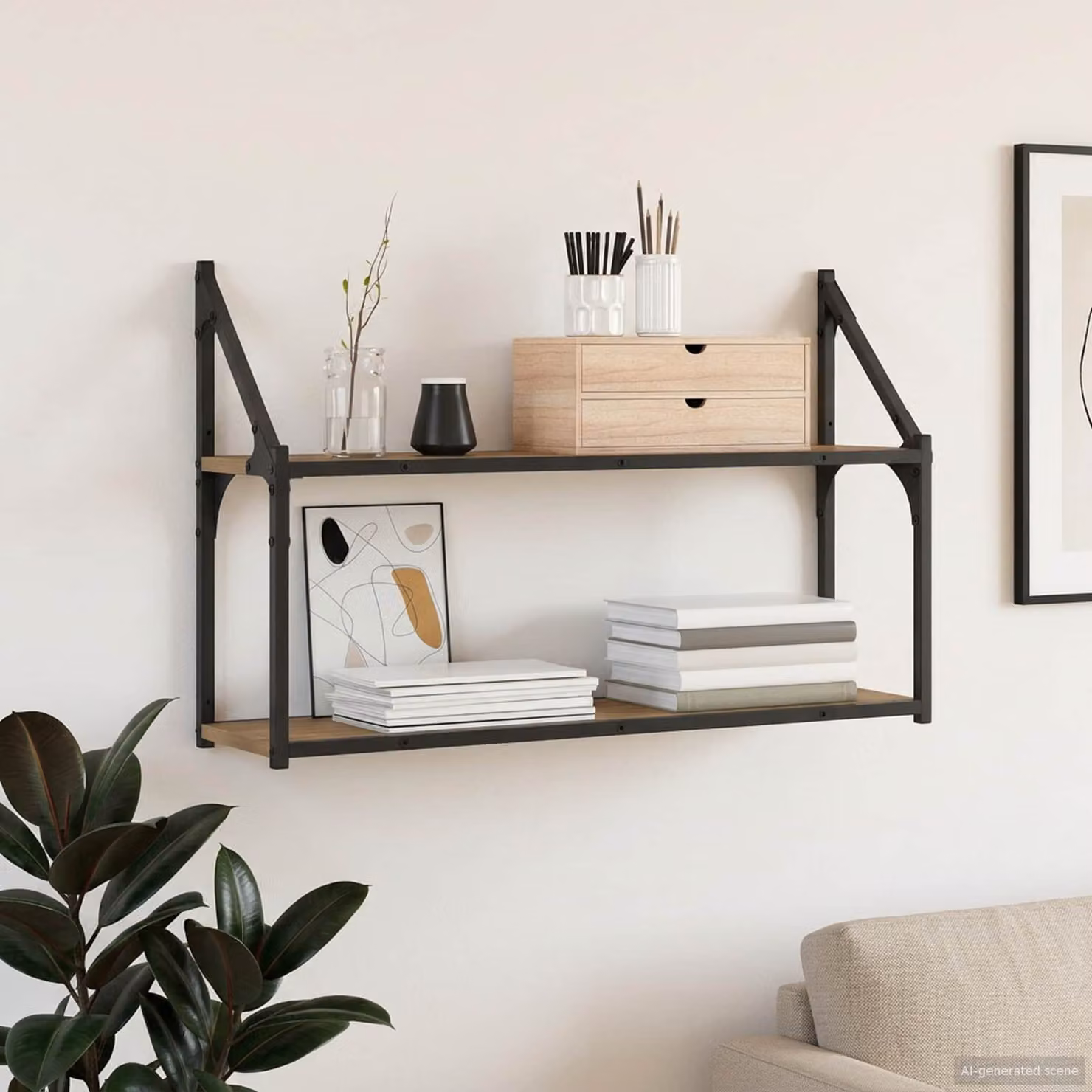 Scaffale da parete moderno vidaXL in rovere e metallo, L: 80 cm, P: 21 cm, H: 51 cm