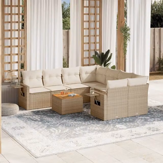 Set Divano da Giardino Moderno VIDAXL in Polyrattan con Cuscini Beige 9 pz