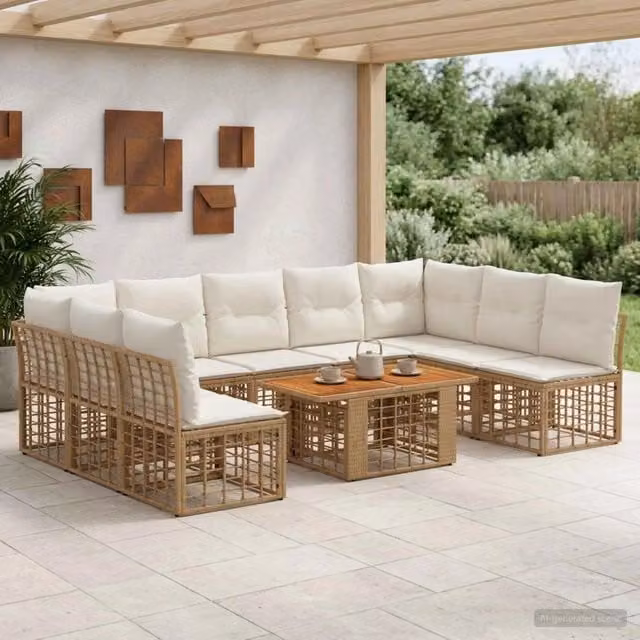 Set Divano da Giardino 10 pz Naturale e Bianco Crema polyrattan 3437898