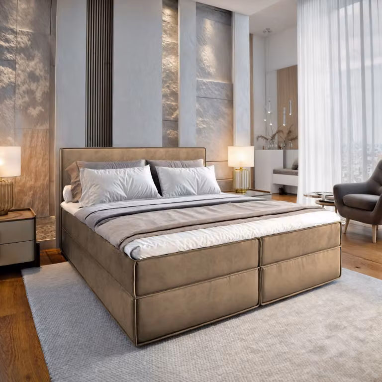 Letto a molle Masseno PELLIO 160x200 cm completo di materasso e topper Bonell, letto imbottito con cassettiera -Beige, MONOLITH 09
