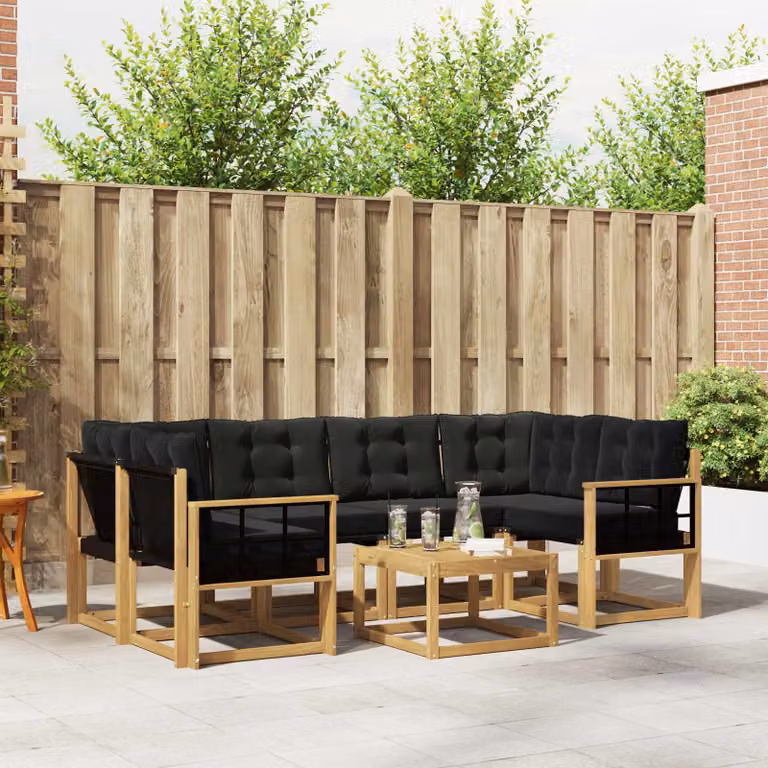 Set di divani da esterno vidaXL a forma di L composto da 7 pezzi in legno di acacia con cuscini bianchi e neri e tavolino da caffè