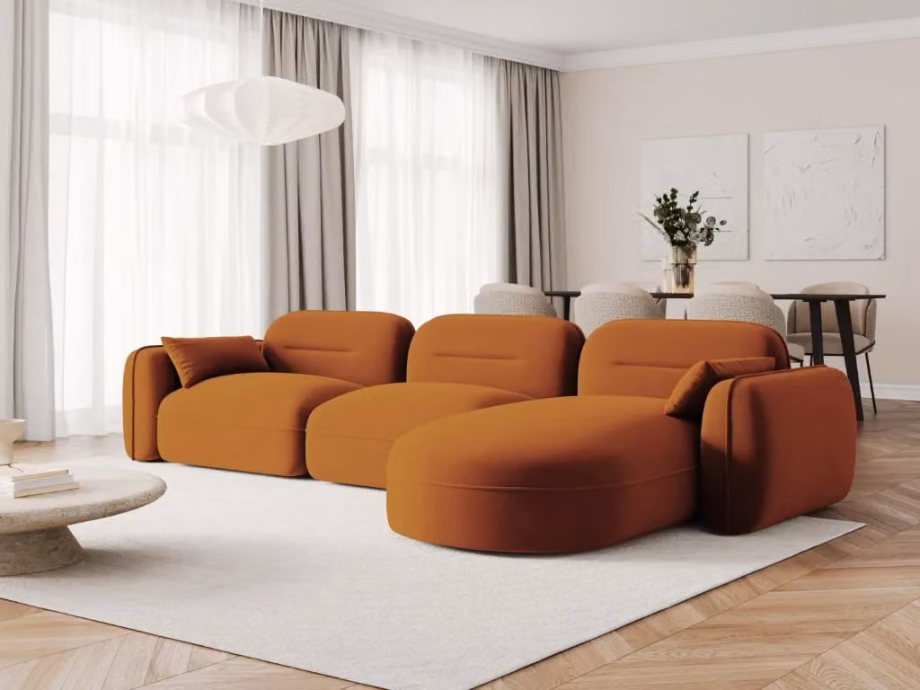 Divano angolare modulare Sydney Cosmopolitan Design a 4 posti in velluto arancione con orientamento destro L/P/H: 320 x 140 x 70 cm – 2
