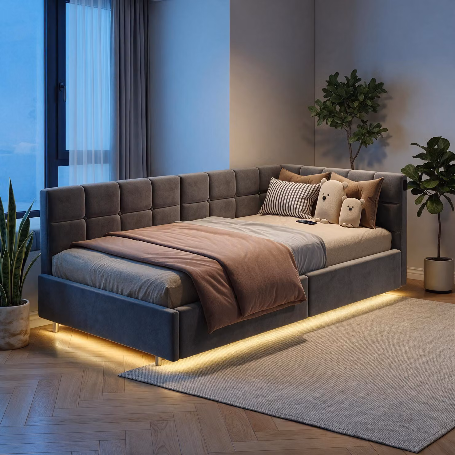 Letto imbottito INONEFT, modello boxspring, 90x200 cm, con USB e Type C, letto con sistema idraulico e spazio contenitore, struttura del letto con rete a doghe, colore grigio, rivestito in velluto, senza materasso
