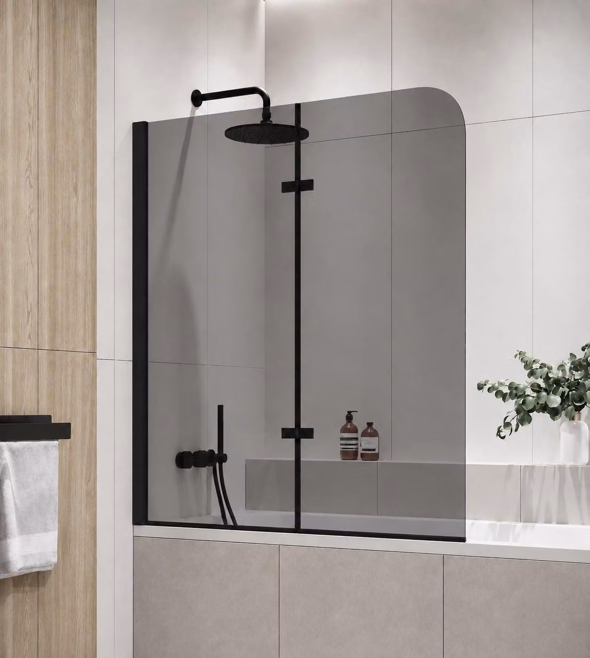 Badplaats Parete Vasca Austin 110 x 140 cm - Vetro Fumé - Nero - Anta Pivotante 5 mm - Vetro di Sicurezza e Anticalcare