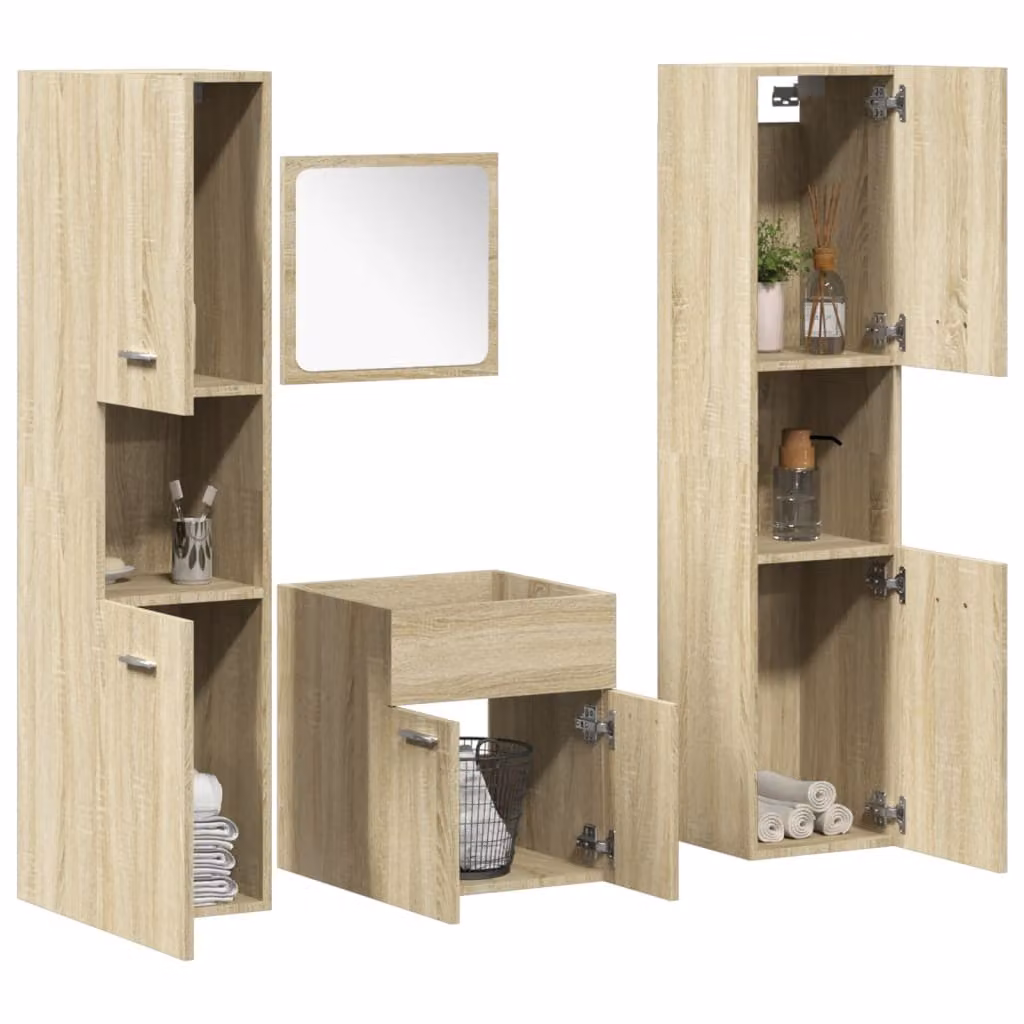 Set di mobili da bagno vidaXL 4 pezzi in legno multistrato color rovere, composto da base lavabo, pensile, armadietto con specchio e colonna, design moderno beige e marrone