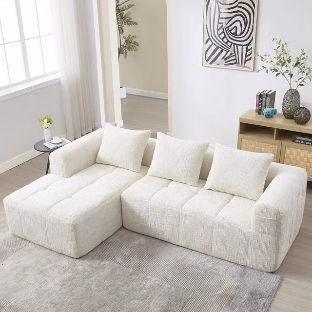 Divano modulare angolare - Xylo - 3 posti in L, chenille, beige, con pouf