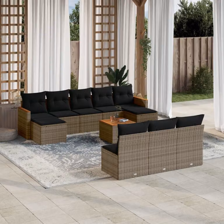 vidaXL Set Divani da Giardino 11 pz a Forma a U in Polyrattan Grigio con Cuscini e Tavolino