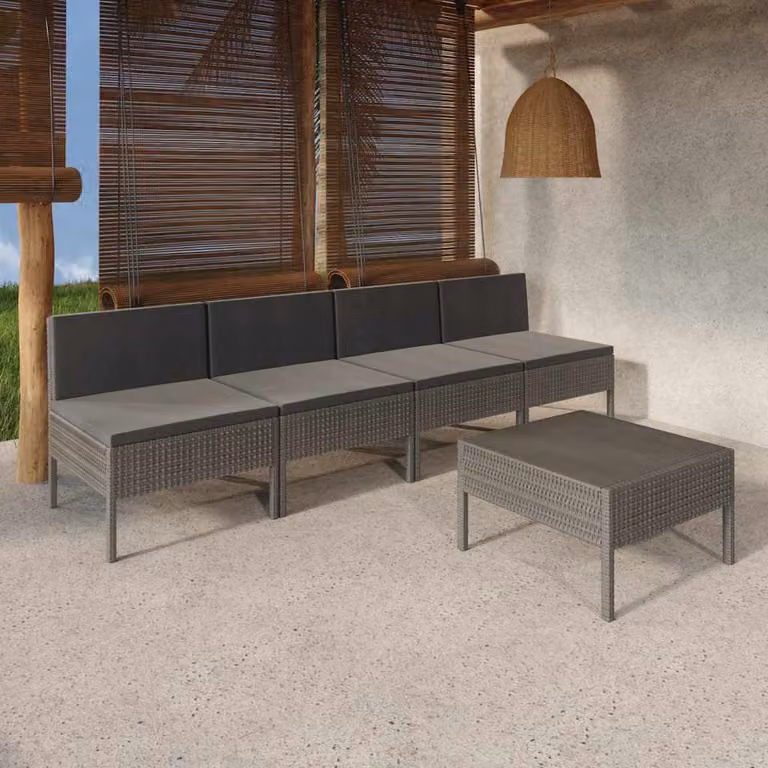 Set da giardino vidaXL composto da 5 pezzi con divano a 3 posti, tavolino da caffè e cuscini in antracite e grigio con struttura in metallo e rattan