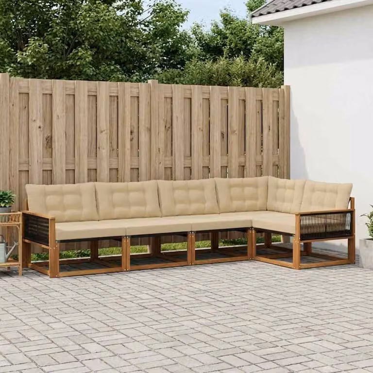 Set di divani da esterno a L vidaXL in legno di acacia con cuscini beige e marrone