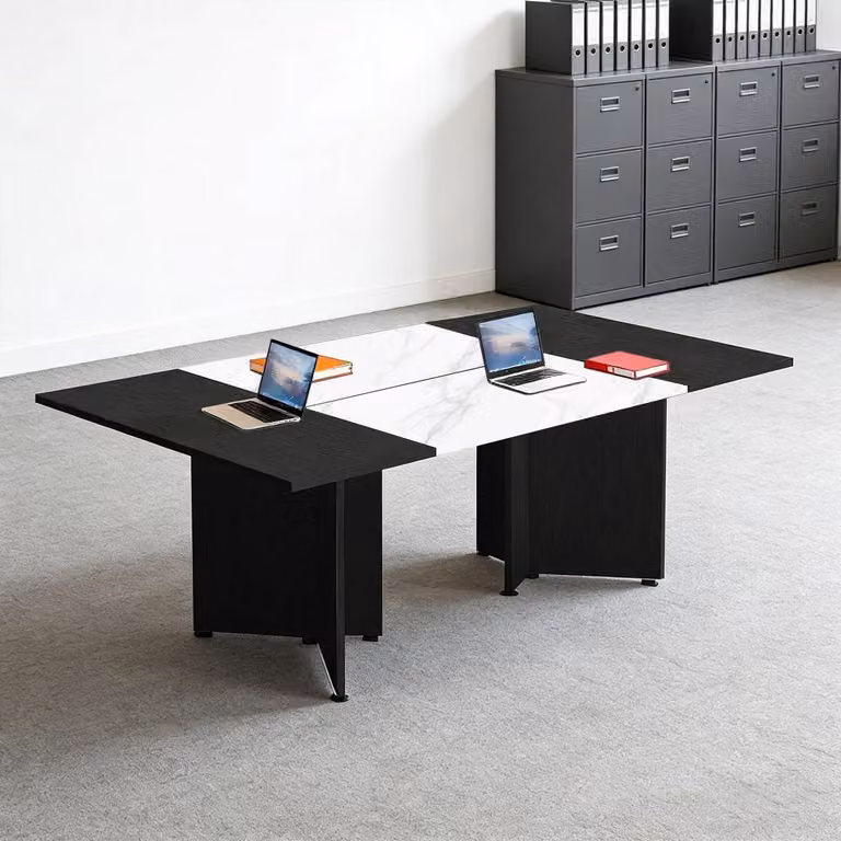 Tavolo da conferenza modulare, estendibile, dimensioni 240x60x74 cm, colore nero e bianco, finitura texturizzata