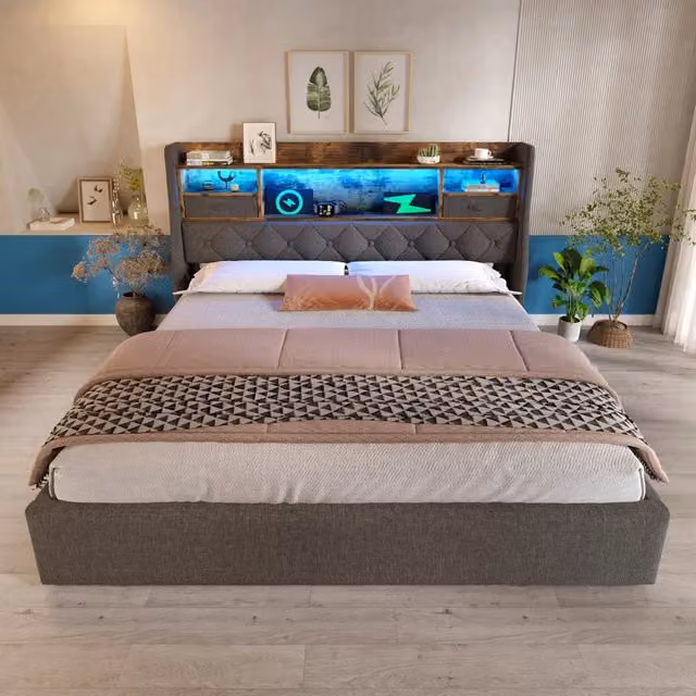 Letto contenitore Mivray con testiera imbottita in lino grigio, illuminazione LED, ricarica USB e Type-C, L/P: 140 x 200 cm