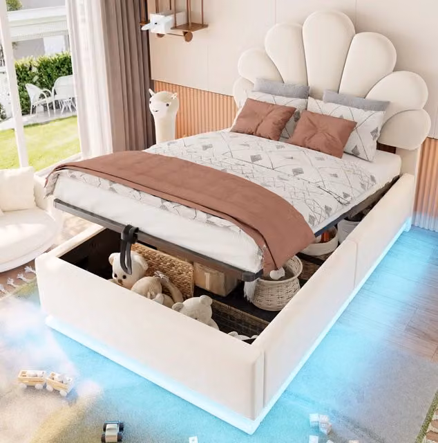 Letto imbottito 90x200 cm con testiera a fiore; contenitore idraulico; LED e struttura in metallo; beige