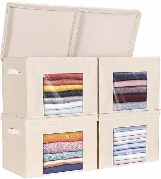 Set di 4 scatole di stoccaggio Ibzenoa® color beige – impilabili con coperchio, dimensioni 43x30x30 cm, realizzate in tessuto non tessuto resistente con inserto in cartone interno, dotate di maniglie per il trasporto