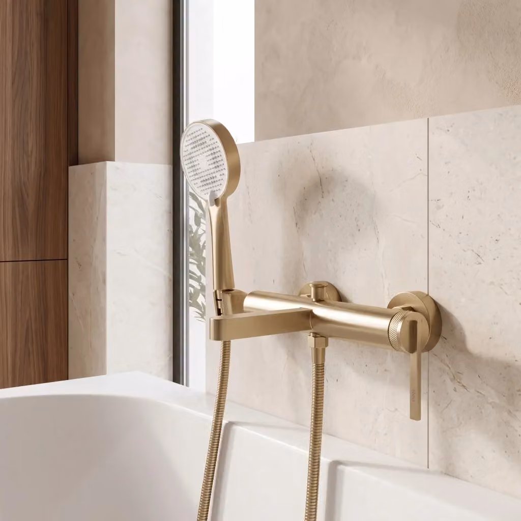 Rubinetto da vasca a parete Rea Grace con leva singola e funzione spray in ottone color oro spazzolato – 2