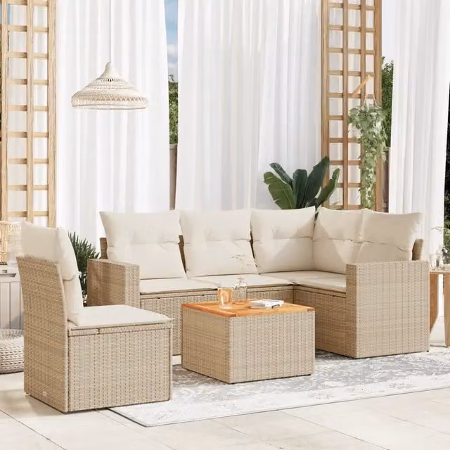 Set Divano da Giardino a L vidaXL in Polyrattan con Cuscini Beige e Tavolino da Esterno per 6 Persone