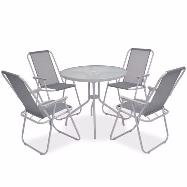 Set da Pranzo da Giardino Moderno in Acciaio Verniciato e Textilene Grigio con Tavolo Rotondo in Vetro, 6 Posti