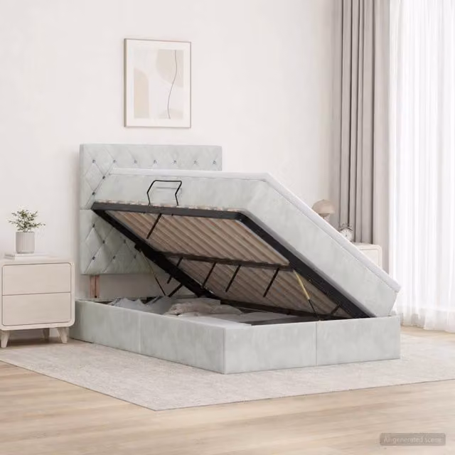 Letto con contenitore e materasso vidaXL in tessuto grigio con base a sollevamento e porte USB L/P/H: 204 x 120 x 140 cm