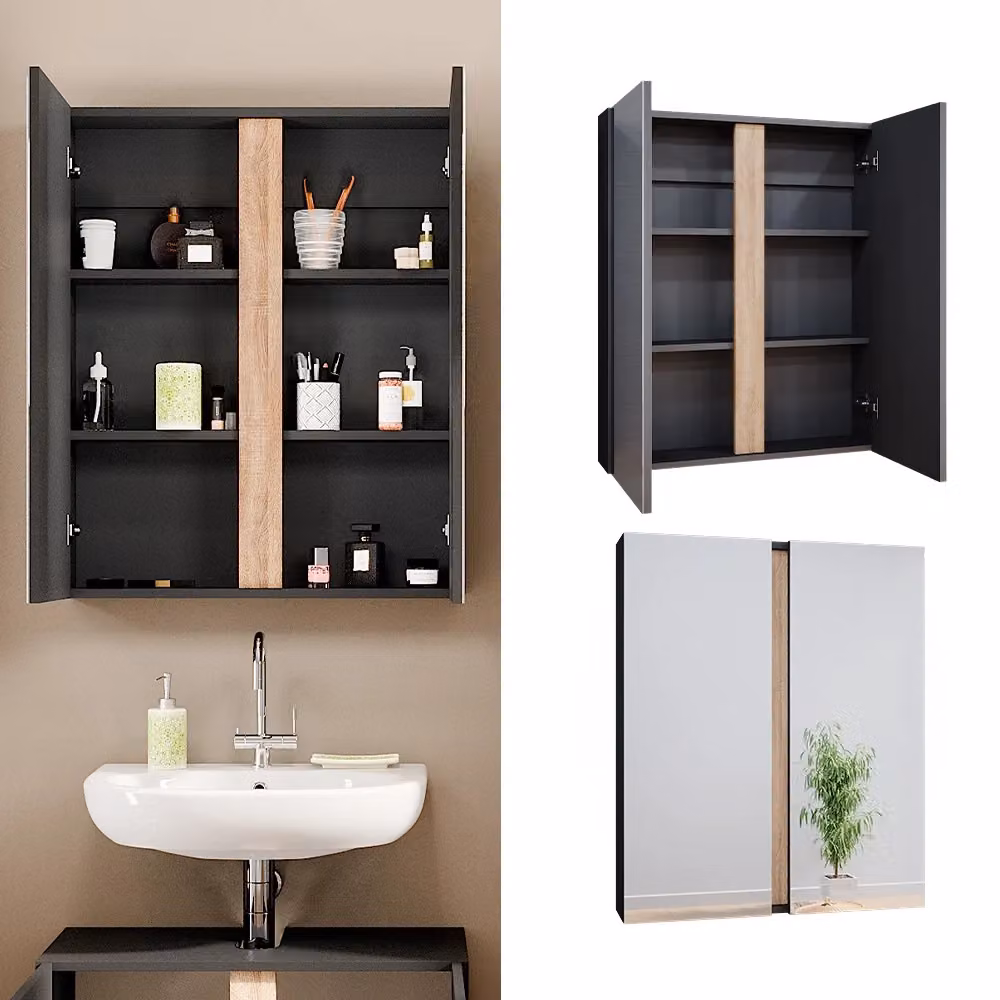 Specchio contenitore bagno Gloria Vicco colore antracite con 2 ante e ripiani interni L: 70.4 cm, H: 84 cm – 2